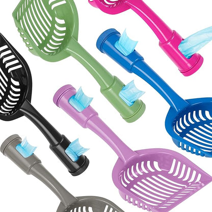 2-in-1 Pooper Scooper with Bag Attachment, Cat Litter Shovel Scoop with Bag, Built-in Dispenser, Includes Trash Roll, Rinse-Clean, Anti-Stick, Smart Sifter, Long Handle (Hot Pink)