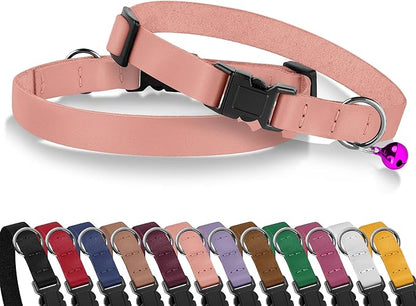 Breakaway Cat Collar with Bell - Leather Adjustable Kitten Collars with Safety Quick Release Buckle - Soft Small Pet Collars for Girl & Boy Cats (Rose)
