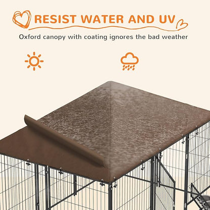 PawHut Outside Dog Kennel, 6.9' x 4.6' x 5' Puppy Play Pen with Canopy, Garden Playpen Fence Crate Enclosure Cage Rotating Bowl, for Dogs, Chickens, Ducks, Black