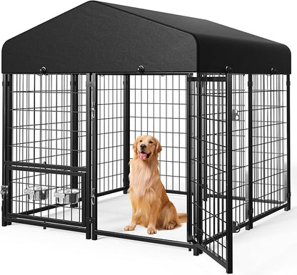 Sino Luban Outdoor Dog Kennel Outside Run with Doggy Door, Swivel Feeder&Roof - 5x5x5FT Large Dog Kennels Pens Outside for Medium/Large Dogs - Heavy Duty Cage Yard (Can Connect to Your Dog House)