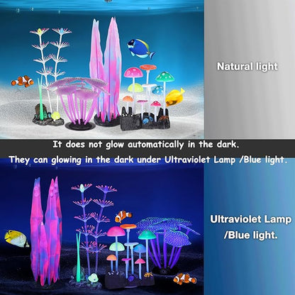 Lpraer 4 Pack Glow Aquarium Decorations Branch Coral Reef Mushroom Seaweed Simulation Glow Plant Glowing Effect Silicone for Fish Tank Decorations