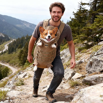 FLAdorepet Dog Carrier Tactical Backpack for Small Medium Dogs,Soft Hands-Free Legs Out Pet Front Cat Dog Carrier Backpack Travel Bag for Outdoor Traveling Hiking Camping (Large, Khaki)