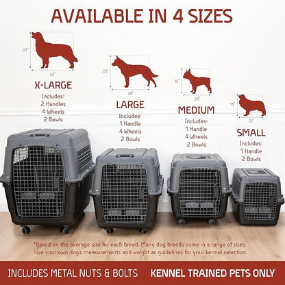 SportPet Airline Compliant X-LARGE 32.25" Travel Dog Kennel-Durable Plastic Airline Pet Carrier w/Removable Wheels & Food Bowls, Collapsible Indoor/Outdoor Dog Kennel, Dogs up to 32"L & 23"H-Dark Gray