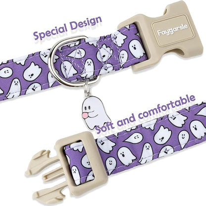 Faygarsle Halloween Dog Collar with Charm, Purple with Ghost Pattern, for Small Medium Large Dogs M