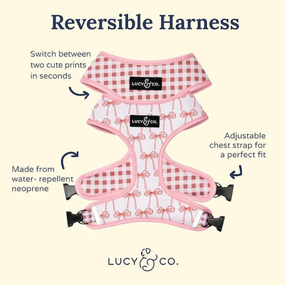 Lucy & Co. Cute Reversible Dog Harness Walking Halter - Best Designer Pet Harnesses for XS - XL Dogs - Padded Adjustable Vest for Easy Walking (X-Small, Ballet Bows - White & Pink Bows)