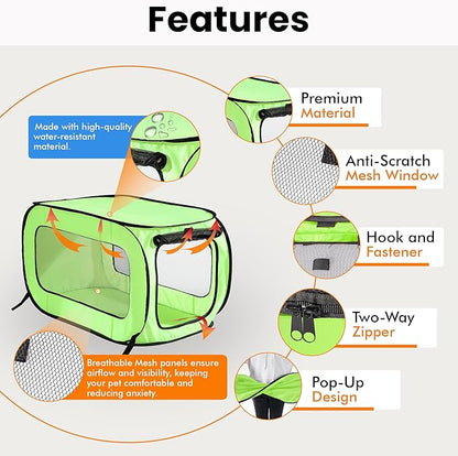 Beatrice Home Fashions Portable, Collapsible, Pop Up Kennel Travel Cat and Dog Crate, 36" L x 22" W x 22" H, Green