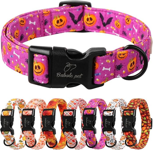 Halloween Dog Collar, Cute Pumpkin Bat Pattern Halloween Purple Puppy Collar, Soft Adjustable Cotton Dog Collars for Small Medium Large Boy&Girl Dogs S