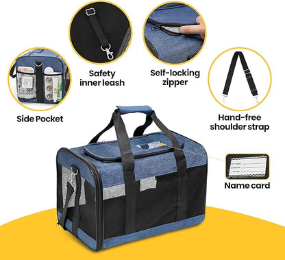 Cat Carrier Airline Approved, Soft-Sided Dog Carrier with Inner Safety Leash, Pet Transport Carrier for Small-Medium Cats Puppies up to 15 Lbs, Collapsible Travel Kitten Carrier Bag -Blue M