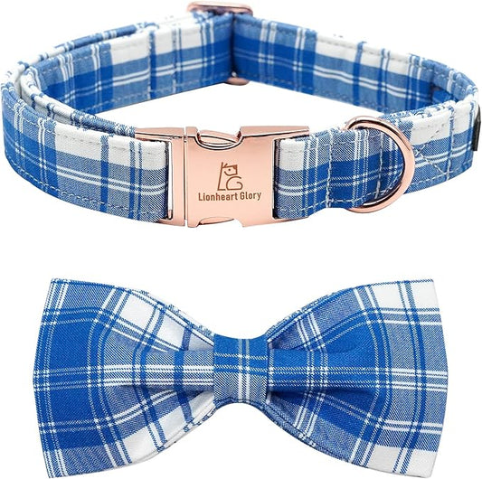 Lionheart glory Dog Collar, Boy Dog Collar Bowtie Blue Plaid Adjustable Dog Bowtie Collar Bows Dog Collar for X-Large Dogs