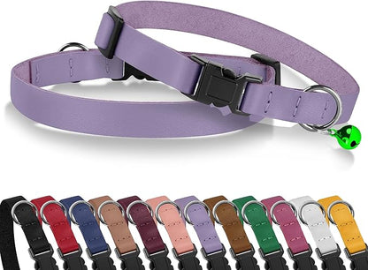Breakaway Cat Collar with Bell - Leather Adjustable Kitten Collars with Safety Quick Release Buckle - Soft Small Pet Collars for Girl & Boy Cats (Lavender)