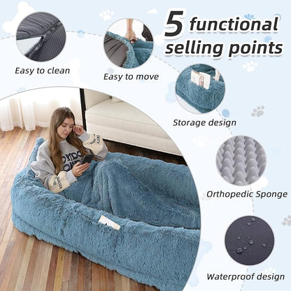 Human Dog Bed, 71''x45''x12'' Size Fits You and Pets, Washable Faux Fur Pet Bed for People Doze Off, Napping Orthopedic Dog Bed, Present Plump Pillow, Blanket, Strap - Rainbow
