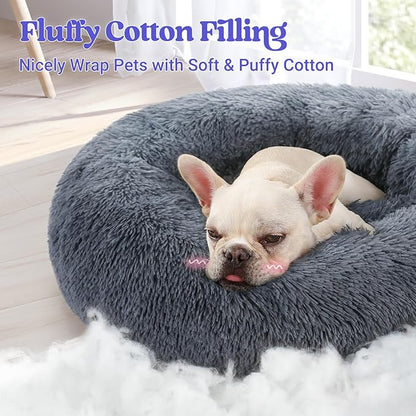 rabbitgoo Calming Dog Bed for Small Medium, 27 inches Pet Bed Machine Washable, Non-Slip Round Fluffy Plush Faux Fur, Soft Donut Cuddler Cushion for Small Dogs, Dark Grey