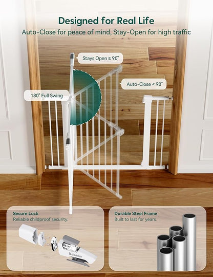 BABELIO 36" Tall Dog Gate PressGuard C5, 26-40" Wide Auto Close Baby Gate, Pressure Mounted Metal Pet Gate, Easy Install No Drilling, No Tools Needed, with Wall Protectors and Extension Kits, White