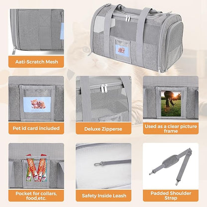 Soft Cat Carrier for Pets Up to 15 lbs, TSA Approved for Airline in-Cabin, Cat Travel Bag with Detachable Cat Food Bowl, Pet Carriers for Small Dogs, Waterproof Travel Puppy Carry, Gray