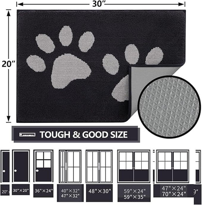 Buganda Dog Door Mat for Muddy Paws, Absorbent Dirt Trapper Washable Indoor Doormats, Non Slip Low-Profile Mud Mat for Dogs, Front Entrance Doormat for Inside Floor (30x20 Inches, Black and Grey)