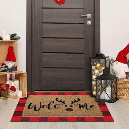 Tinideya 2 Pcs Door Mat Welcome Non Slip Coir Mats Floor Layering Doormats Seasonal for Front Porch Entryway Decor(Brown Elk)