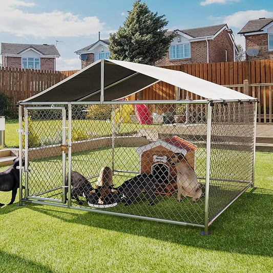 Large Dog Kennel Outdoor with Roof Heavy Duty Dog Enclosure Outside Pet Fence for Yard Dog Boarding Kennel Poultry House Cage Steel Fence with Ground Anchor Secure Lock Farm Training 7.5×7.5×5.5FT