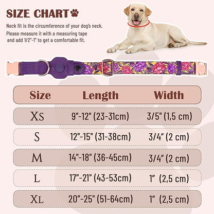 AirTag Dog Collar for Small Medium Large Breed - Adjustable Cute Pattern Dog Collar with Airtag Holder - Soft Leather Tracker GPS Apple Air Tag Pet Collars (Medium, 14"-18" Neck Fit, Peonies)