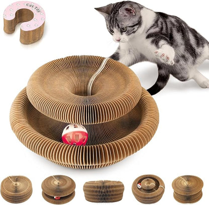 Collapsible Cats Cardboard Scratcher, Interactive Cat Toys for Indoor Cats, Scratch Pad Shape Shifting Ball Track with Bell, Magic Organ Cat Toy for Chase & Scratch Paw Easter Toys for Kitties Pink