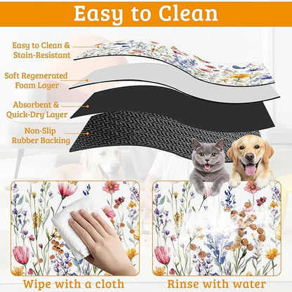 Flowers Butterfly Dog Food Mat,Colorful Absorbent Pet Feeding Mat for Food and Water Bowl,Quick Dry Dog Placemat Non Slip Rubber Backing Waterproof Pet Supplies 16" x 24"