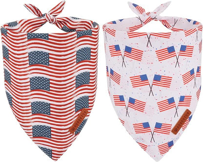 ADOGGYGO American Flag Dog Bandana 2 Pack, Reversible White Red USA Flag Pet Scarf Bib, Adjustable Fit 4th of July Bandanas for Small Dogs Pets (Small)