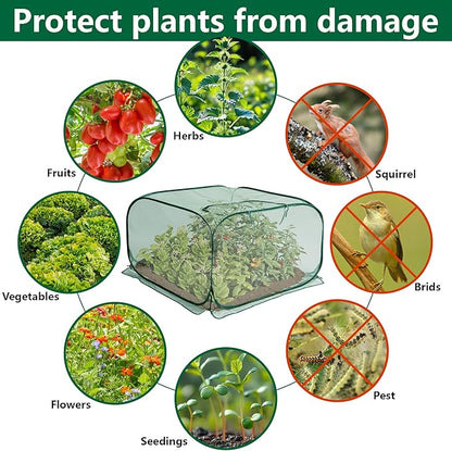 2 Pcs Pop Up Mesh Plant Cover, 35" x 35" x 27.5" Foldable Plant Protector Mesh Plant Enclosure, Garden Net Cage Guard Cover with 8 Ground Stakes for Protecting Plant Vegetable Fruit from Birds Insects