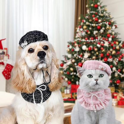 HOWWFALY 2PCS Cat Beret Hat with Pearl Bowtie, Adjustable Bandana Scarf Set Pet Princess Costume for Halloween Christmas, Cat Dog Birthday Party Apparel (Pink Pearl)