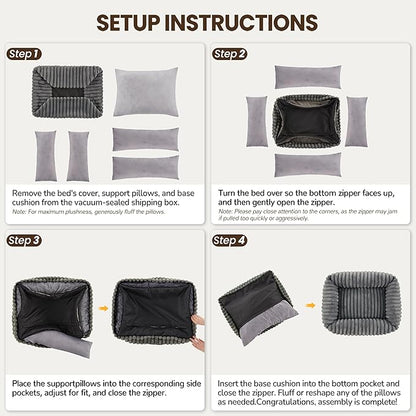 Washable Dog Bed for Small Medium Dogs - Rectangle Orthopedic Corduroy Fleece Pet Bed with Removable Cover and Nonskid Bottom, Calming Puppy Bed Soft Pet Sofa, Grey(30x24x8inchs)
