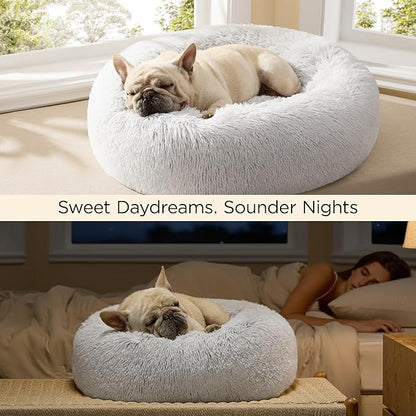 Bedsure Calming Dog Bed for Extra Large Dogs - Donut Washable Large Pet Bed, 45 inches Anti-Slip Round Fluffy Plush Faux Fur Dog Bed, Fits up to 120 lbs Pets, Frost Grey