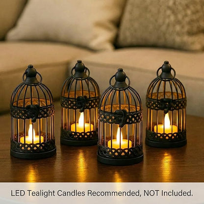VELA LANTERNS 6" Birdcage Decor Candle Holder Lantern Decorative Table Centerpiece Halloween Decorations, Black, Small, Set of 4