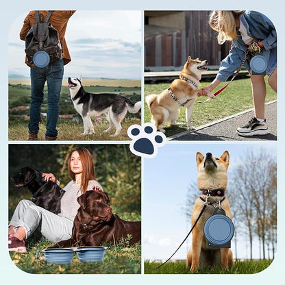 Pawaboo 2-in-1 Collapsible Dog Bowls, Dual Puppy Food and Water Bowls, 180° Flip Over Portable Silicone Dog Bowl with Metal Hook, 450ml Pet Travel Feeder Bowl for Walking Hiking Camping, Morandi Blue