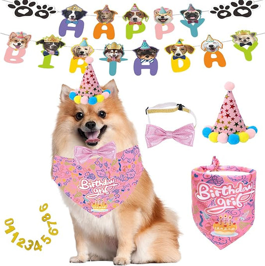 Happy Birthday Dog Party Supplies Kit - Dog Party Hat, Bandana, Bowtie & Happy Birthday Banner Decorations for Small Dogs, Puppy Birthday Outfit Accessories & Pet Birthday Party Decor (Pink)