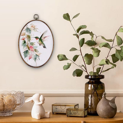 DILSJ Hummingbird Botanical Oval Wall Art Decor, Farmhouse Green Hummingbird Canvas Wall Art Framed, Watercolor Bird Hanging Decorations for Home Living Room Bedroom, 11x8.5 Inch
