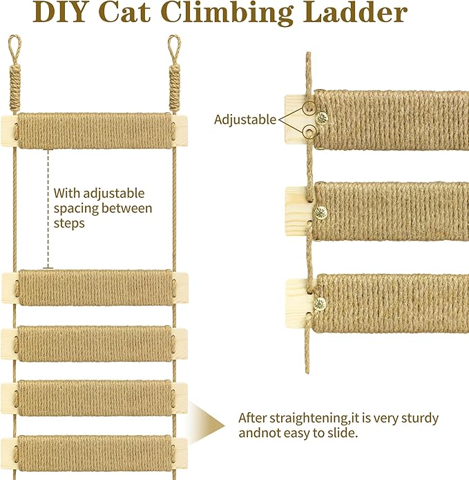 Multi-Functional Cat Ladder & Bridge - Sisal Rope Climbing Frame Wall Furniture for Indoor/Outdoor Cats, Cage Accessories, Parrots, Small Pets (Wood Tone)