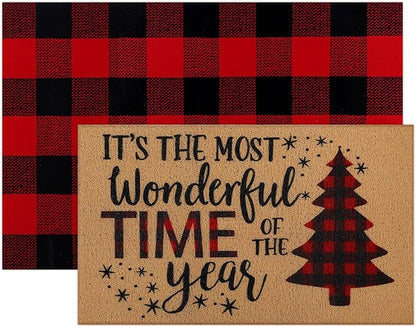 Tinideya 2 Pcs Door Mat Welcome Non Slip Coir Mats Floor Layering Doormats Seasonal for Front Porch Entryway Decor(Christmas Tree)