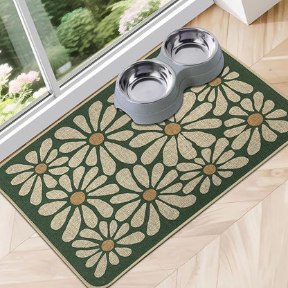SHIYUE Dog Food Mats for Floors, Absorbent Cat Bowl for Food and Water, Non-Slip Accessories Pet Supplies(12"x20",Forest Green Flower)