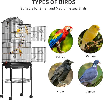 YITAHOME 62 inch Metal Bird Cage, Large Parakeet Cages for Parrot, Cockatiel, Lovebird, Pigeon with Roof Top, Rolling Stand and Hanging Accessories