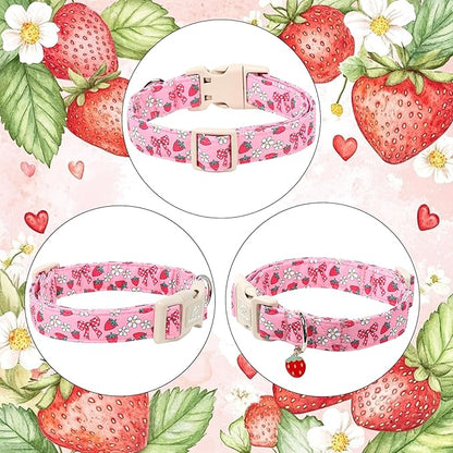 Strawberry Bow Dog Collar for Medium Dogs - Cute Pink Spring/Summer Girl Dog Collars, Lightweight Adjustable Female Girly Dogs Collars with Quick Release Buckle M