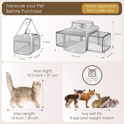 Top and 2 Sides Expandable Cat Carrier 18x11x11, TSA Airline Approved Dog Carriers for Small Dogs,Soft-Sided Pet Carrier with Self-Locking Zippers for Kitten,Rabbit, Puppy, Grey