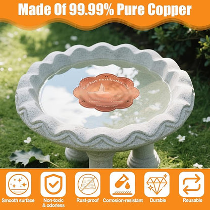 2P 4inches Bird Bath Purification Disk, 99.99% Pure Copper Bird Bath Disc Safe Birdbath Cleaner Disks for Outdoor All-Season Use 0.6mm Birdbaths Copper Disk with 3 Point Support