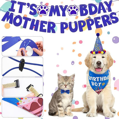 Dog Birthday Decorations, Dog Birthday Hat with Numbers Bandana Bow Tie It’s My Bday Mother Puppers Banner for Small Medium Large Dogs Pets Supplies(Blue)