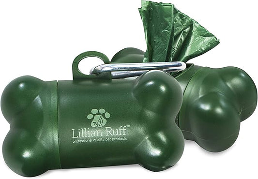 Lillian Ruff Dog Waste Bag Dispenser with Leash Clip Disposable Bag Holder for Pet Waste - 15 Leak Proof Unscented Poop Bags Included-3 Pc Pack Green