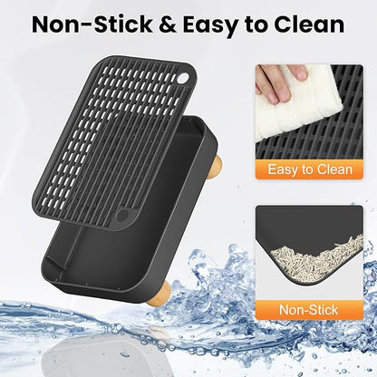 Litter Box Step, Litter Box Ramp/Catcher with Wooden Base, Anti-Tracking & Easy to Clean, Ideal for Small & Elderly Cats (Black)