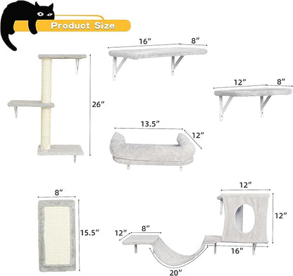 NUNU LAB Wall Mounted Cat Climber Set, 6 Pcs Cat Furniture Set with House, Bridge, Steps, Scratcher Board and Hammock, Shelves for Indoor, Luxury Walls Furniture(Gray)