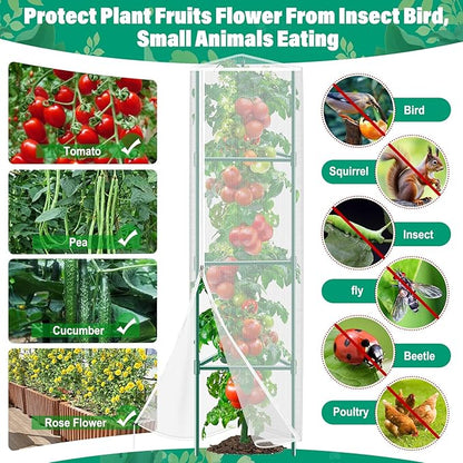 3 Pack Garden Bird Netting Plant Cover for Triangle Tomato Cage, 48"x13" Insect Bird Barrier Tomato Cage Net with Zipper & Drawstring, Tomato Trellis Netting Protection Cover for Protecting Plants