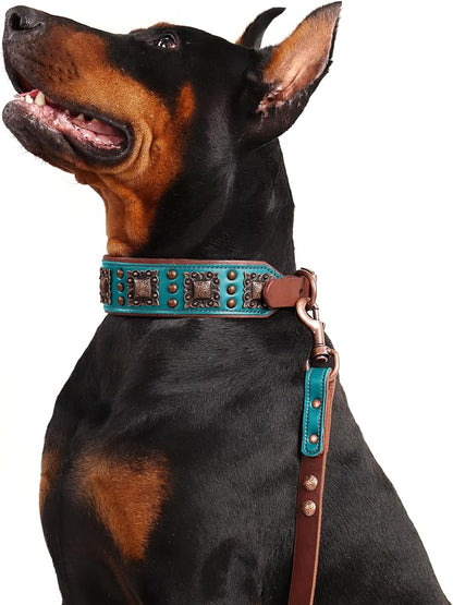 PET ARTIST Upgrade Padded Leather Dog Collar, 2 inch Wide Genuine Leather Dog Collars with Strong Studded Rivet & Metal Buckle, Adjustable Large Dog Collar for Pit Bull Doberman,Green,Neck 19-22"