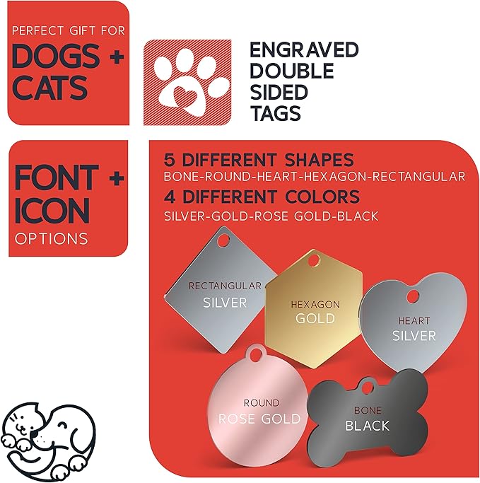 Engraved Pet ID Tags for Cats, Dogs - 4 Color & 5 Shape Options, Personalized w/ 20 Icons, Name, Address, Phone Number - Accessories for Four Legged Friends, Stainless Steel #Hexagon - Silver
