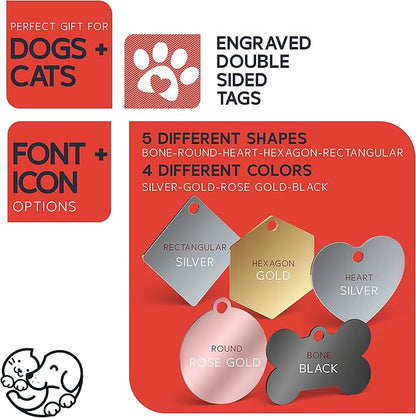 Engraved Pet ID Tags for Cats, Dogs - 4 Color & 5 Shape Options, Personalized w/ 20 Icons, Name, Address, Phone Number - Accessories for Four Legged Friends, Stainless Steel #Hexagon - Silver