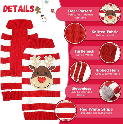 Dog Christmas Sweater Cute Striped Reindeer Xmas Pet Clothes Holiday Puppy Cat Costume New Year Gifts for Small Medium Large Dogs Jumpers (M, Red White Stripe Reindeer)