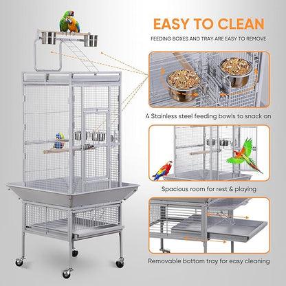 Nova Microdermabrasion 61 Inches Large Bird Cage Play Top Parrot Cockatiel Parakeet Chinchilla Macaw Cockatoo Cage W/Stand Perch Pet Supplies, White